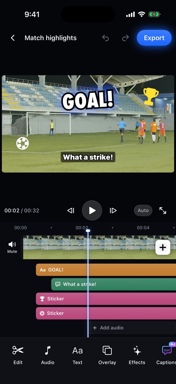 Editing a soccer highlight with a GOAL! title, trophy sticker and caption