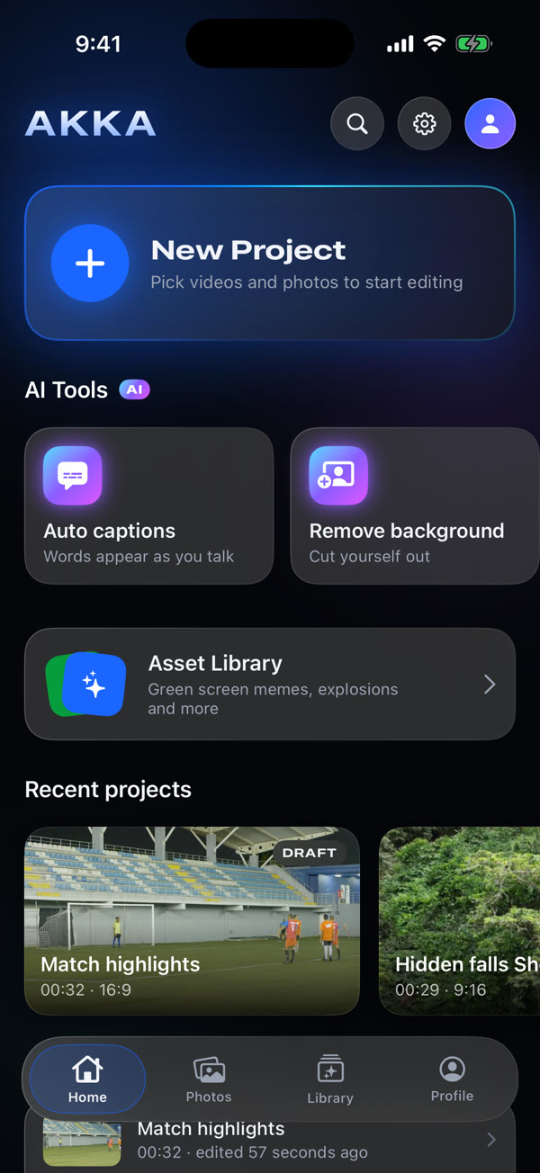 Akka home screen with New Project, AI tools and recent projects