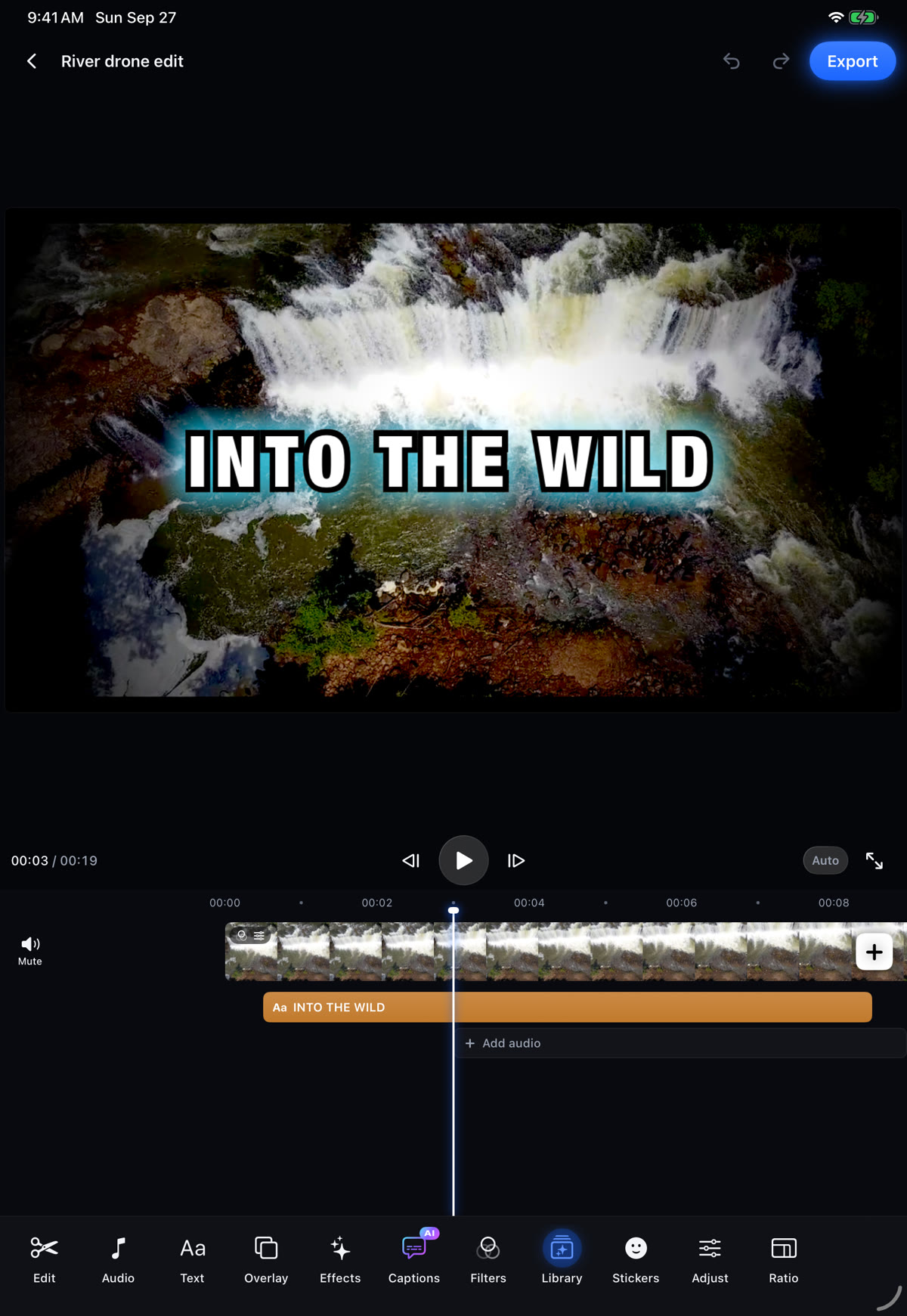 Akka on iPad editing a river drone shot titled INTO THE WILD